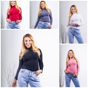 Imagem de Kit 5 Blusa básica feminina cacharrel/gola alta - GK TODA BELA, Preta 