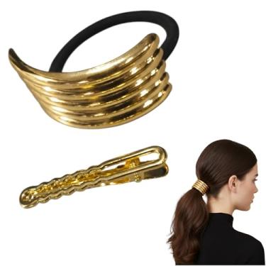 Imagem de Kit 2x Laço de Cabelo com Metal Dourada e Grampo Metal Dourada Acessórios Elástico Estiloso Rabo de Cavalo Vintage Feminina Elegante Menina
