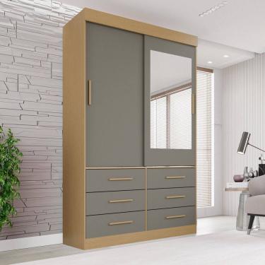 Imagem de Guarda-roupa Solteiro 2 Portas com Espelho 6 Gavetas Luana Jequitibá/Granizo