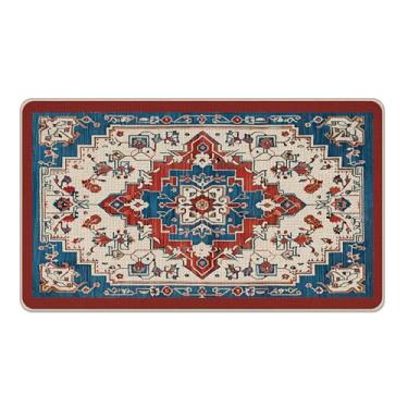 Imagem de Livcoz Boho Vintage Floral Welcome Tapete de porta da frente, retrô vermelho azul flor decorativa tapete antiderrapante tapete de entrada, geométrico baixo perfil interior exterior decoração de