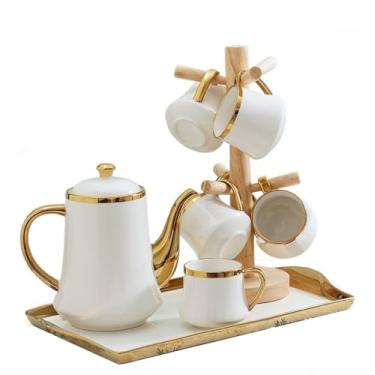 Imagem de Conjunto de bule de chá de cerâmica simples, bule de chá da tarde, flor, sala de estar, copo doméstico, copo de água, estilo europeu, com suporte para copos, jarra de água