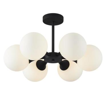 Imagem de Luminária de teto moderna semi-embutida com 6 lâmpadas, globo de vidro, estilo lustre Sputnik, iluminação de teto estilo meados do século, preta, próxima ao teto.