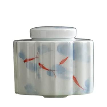 Imagem de Recipiente de armazenamento de chá com tampa hermética latas de chá de cerâmica com elegante figura de peixe pintada à mão recipientes de armazenamento de chá de cerâmica branca para chá solto