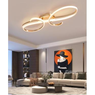 Imagem de Luminária de teto LED regulável, moderna, para sala de estar, quarto e sala de jantar, com controle remoto (dourada, 60 cm de comprimento).