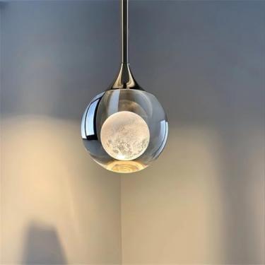Imagem de Luminária pendente de vidro para mesa de jantar, lustre de vidro em formato de lua, com LED e altura ajustável, estilo industrial, ideal para sala de estar, quarto e escritório. Disponível e
