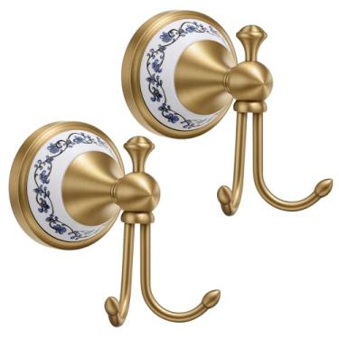 Imagem de Otoolling Pacote com 2 ganchos de toalha de latão antigo, gancho de banheiro montado na parede, suporte de toalha de latão com ganchos duplos, ganchos de roupão de rosca resistentes para cozinha