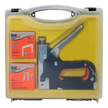 Imagem de KIT GRAMPEADOR PINADOR TAPECEIRO PROFISSIONAL MALETA COMPLETO 4 A 14MM 300 GRAMPOS PREGOS ESTOFADO
