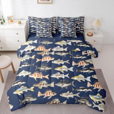Imagem de Erosebridal Conjunto completo de edredom infantil Peixe lúcio amarelo azul com 7 peças | Conjunto de cama rústica de fazenda em uma bolsa para quarto, adolescentes, adultos, conjunto de cama com