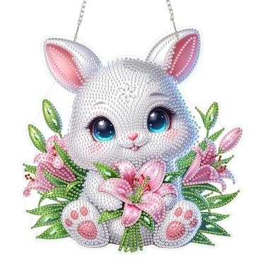 Imagem de Eiflow Kit de pendurar arte de diamante acrílico para adultos, kit de pintura de diamantes faça você mesmo, enfeite especial de pingente de pintura de diamante de cristal (coelho da Páscoa)