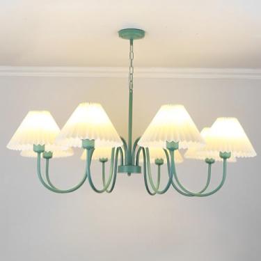 Imagem de Lustre moderno verde para interiores, soquete E27, com cúpula de tecido plissado, luminária pendente para sala de estar, sala de jantar, quarto, cozinha e escritório.