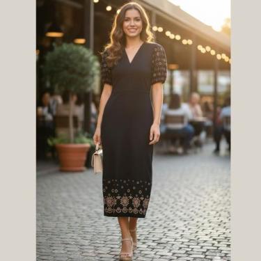 Imagem de Vestido Midi em Meia Malha com Gola V Cereja Rosa, G, Preto