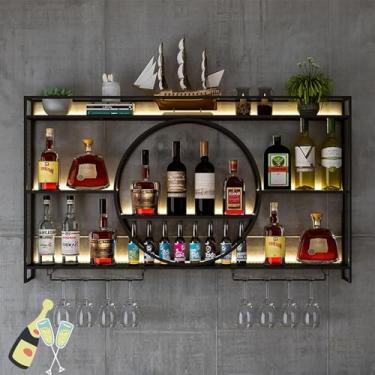 Imagem de Rack de vinho de metal montado na parede com suporte para copo de vinho, grande suporte de armazenamento de vinho montado na parede com barra de luz LED, prateleira de exibição de garrafas, copos de