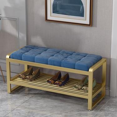 Imagem de Banco de armazenamento de entrada de madeira com almofada de assento, organizador de rack de 2 níveis para sala de estar e entrada, banco de sapatos elegante, design durável (C 80 x 35 x 45 cm)