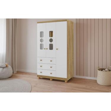 Imagem de Guarda Roupa 3 Portas c/ (2 Cristal) e 3 Gavetas Tedy Branco/Amendoa - Peroba