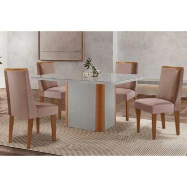 Imagem de Mesa Cozinha Pietá c/ Tampo Madeirado c/ Vidro Canto Curvo 120x80cm e 4 Cadeiras Tilia Madeira Maciça Naturale/Off White - Capuccino/Linho Capuccino-R