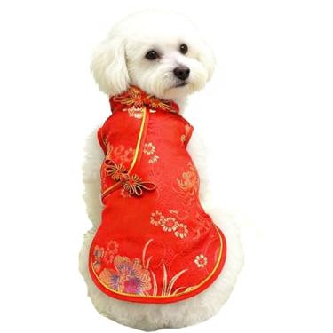 Imagem de SSEISS Terno Cheongsam espesso para animais de estimação, fantasia de cetim de cachorro de ano novo, roupa de gato estilo chinês, saia de cachorro, camiseta colete de gatinho (vermelho, médio)