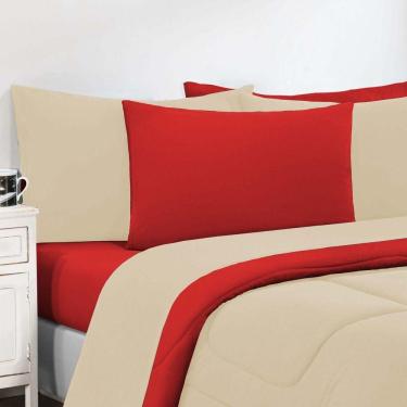 Imagem de Kit Edredom + Jogo De Lençol 100% Algodão Gran Moratta 6 Peças Queen Palha vermelho