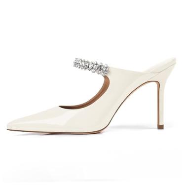 Imagem de XINIUNIU Sandálias femininas de salto alto com strass bico fino sem cadarço de 10 cm stiletto bico fechado sapatos de casamento, Bege, 36