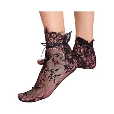 Imagem de Meias Femininas Pretas De Renda Transparente Em Algodão Com Forro De L