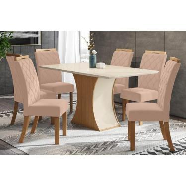 Imagem de Sala de Jantar Completa Luiza 160Cm + 6 Cadeiras Bella Nature Veludo Light Linho