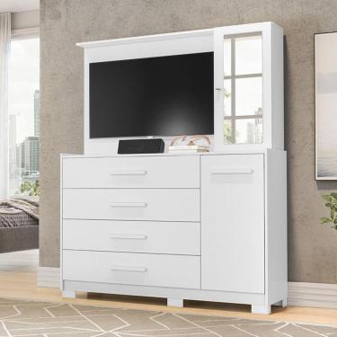 Imagem de Cômoda Quarto Com Painel Para Tv Ilhabela 4 Gavetas 2 Portas Branco Fosco Branco Fosco