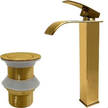 Imagem de Kit Banheiro Torneira Dourada Monocomando Agua Quente Fria Bica Alta e