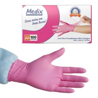 Imagem de Luva de Procedimento Rosa Nitrilo Descartável Sem Pó Não Cirúrgico 100un Medix