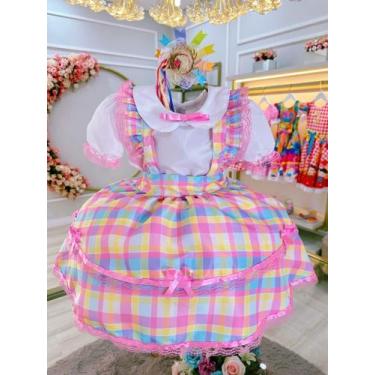 Imagem de Vestido Junino Infantil Xadrez Colorido Blusa Branca Bufante Renda e C