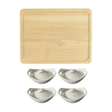 Imagem de Kit Petisqueira Porta Patês e Molhos 5 Peças Porcelana e Bambu - Wincy