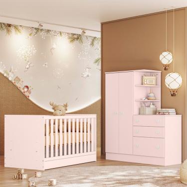 Imagem de Quarto Infantil Doce Sonho Berço Multifuncional Guarda Roupa com Cômoda MDP Colchão Incluso Rosa Qmovi 70CM