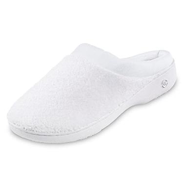 Imagem de isotoner Pantufa feminina felpuda e de cetim acolchoada com espuma viscoelástica para uso interno/externo, Branco, 5.5-6