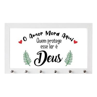 Imagem de Porta Chaves com Moldura com 6 ganhos O Amor Mora Aqui (Branco)