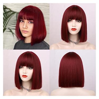 Imagem de Perucas femininas sintéticas perucas curtas retas com franja para mulheres, preto, rosa, roxo, vermelho, natural, cabelo humano (cor: vermelho, comprimento esticado: 35,5 cm)