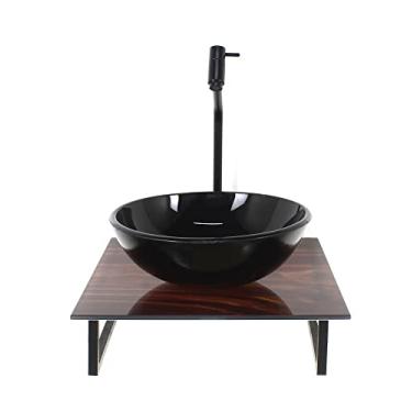 Imagem de KIT CUBA DE VIDRO REDONDA 10MM COM TAMPO DE VIDRO 40CM X 40CM MADEIRA NOGUEIRA E SUPORTE PRETO