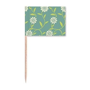 Imagem de Bandeiras de palito de dente com estampa decorativa de flores verdes e brancas para decoração de festa