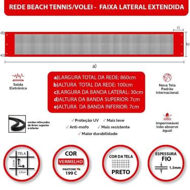 Imagem de Rede Beach Tennis e Volei com banda lateral Zaka Vermelha 8,60m x 1m-Unissex