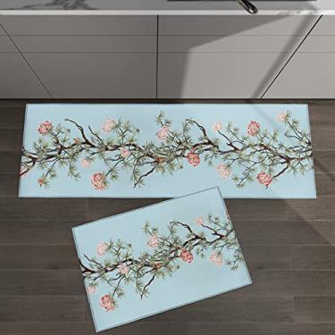 Imagem de Conjunto de 2 tapetes de cozinha flores rosa folhas de videira aquarela primavera verão planta azul para tapetes e tapetes acolchoados antiderrapante corredor confortável tapete de pé