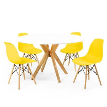 Imagem de Conjunto Mesa de Jantar Redonda Marci Branca 120cm com 4 Cadeiras Eames Eiffel - Amarelo