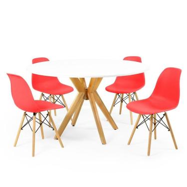 Imagem de Conjunto Mesa de Jantar Redonda Marci Branca 120cm com 4 Cadeiras Eames Eiffel - Vermelho