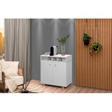 Imagem de Buffet/Balcão/Bancada/Aparador ST Modelo Retrô Com Pés em Madeira 2 Portas com Detalhe A Lazer e Puxadores cromados Cor Branco Acetinado