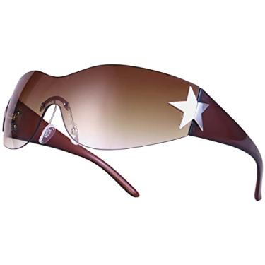 Imagem de Dollger Óculos de sol modernos Y2K feminino masculino envolvente óculos de sol sem aro Cyber Y2k Fashion 2000 óculos escudo, Chá marrom, Medium