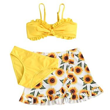 Imagem de Mercatoo Conjunto de biquíni para bebês meninas com alças de babados maiô feminino praia esporte 1 peça biquíni decote em V, Amarelo, 9 Years