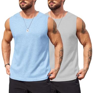 Imagem de COOFANDY Camisetas masculinas casuais de verão sem mangas camisetas de malha waffle camisetas regatas de praia, Azul claro/cinza claro, P