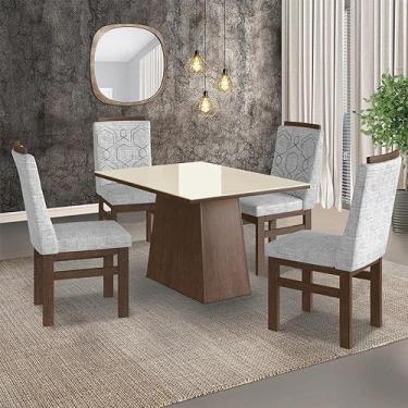 Imagem de Conjunto Sala de Jantar Mesa 90x120cm Tampo Vidro com 4 Cadeiras Madeira Maciça Tecido Linho Zamarchi