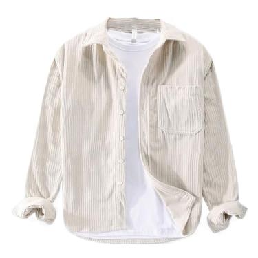 Imagem de Camisetas masculinas japonesas vintage primavera outono veludo cotelê camisas masculinas casuais simples bolso branco camisa masculina, Caqui, GG