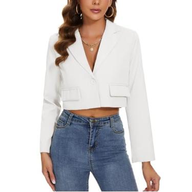 Imagem de MINTLIMIT Blazer feminino cropped casual manga longa trabalho escritório jaqueta botão frontal negócios curto blazer com bolsos, Branco, G