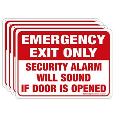 Imagem de Somente saída de emergência – Alarme de segurança soará se a porta for aberta, 4 unidades, 25,4 x 17,8 cm, alumínio livre de ferrugem, proteção UV, resistente ao clima, impermeável, tinta durável,