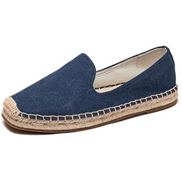 Imagem de U-lite Mocassins masculinos clássicos de camurça, lona, bico redondo, alpargatas, cor pura, sem cadarço, confortáveis, Lona azul escuro, 41