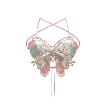 Imagem de WDIRARA Blusa feminina com apliques de borboleta, cruzada, frente única, frente única, rosa, G