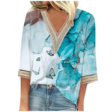 Imagem de Camisetas femininas de verão manga 3/4 com decote em V floral 2024, camisetas femininas casuais com acabamento em renda, blusas femininas elegantes e casuais, Azul celeste 87, 3G